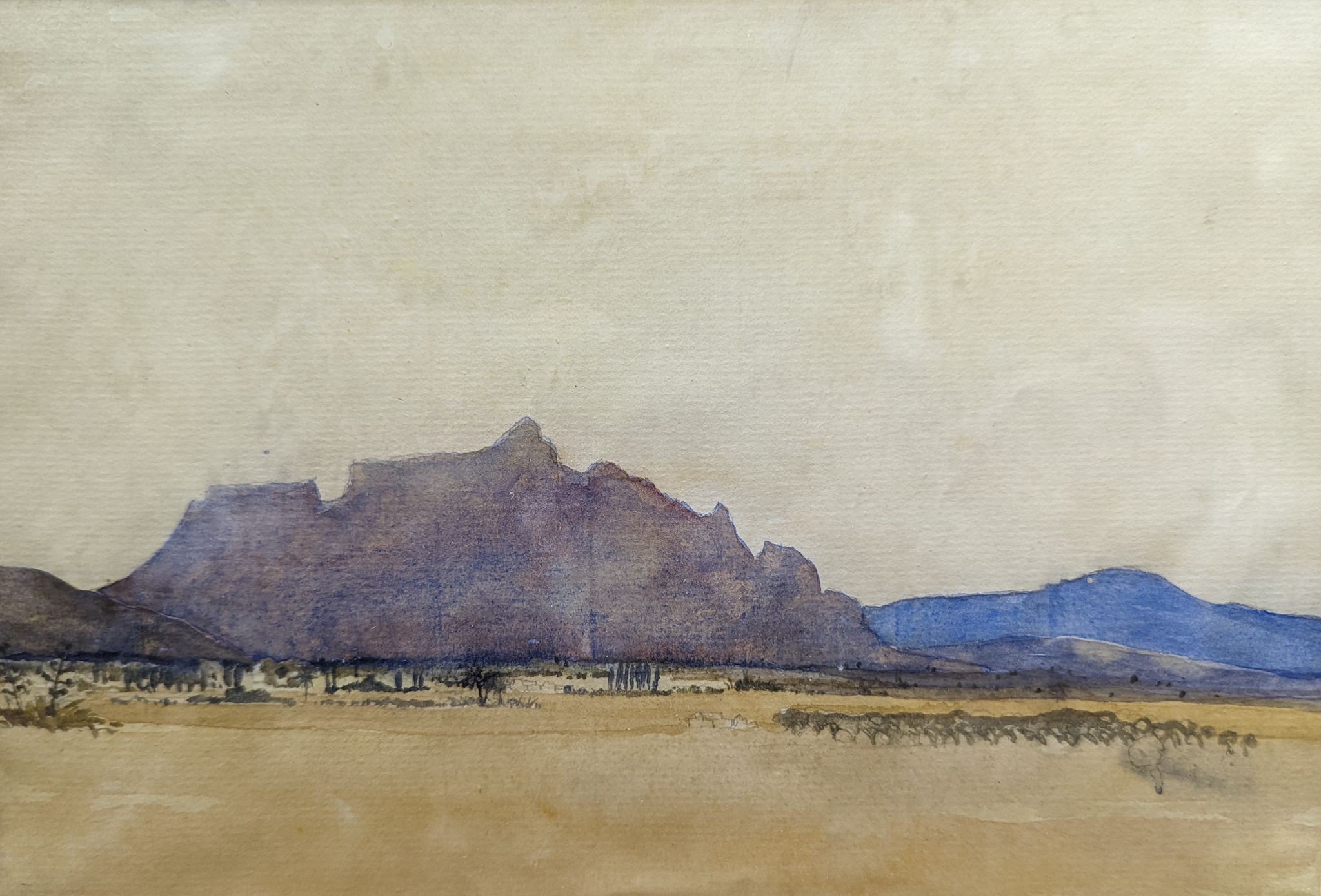 Trevor Grimshaw, lithograph, The Viaduct, signed 100/150, 44 x 66cm, a charcoal drawing of Leda and the swan by Julie Held and an unsigned watercolour landscape